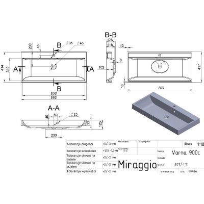 Miraggio Varna umywalka 89,7x41,7 cm prostokątna ścienna biały mat 0001122
