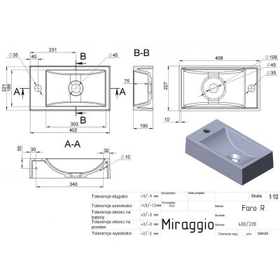 Miraggio Faro R Mirastone umywalka 40,8x22,7 cm prostokątna ścienna-nablatowa szary mat 0001209