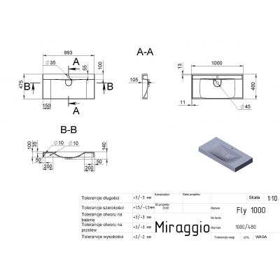 Miraggio Fly Mirastone umywalka 100x48 cm prostokątna nablatowa szary mat 0001454