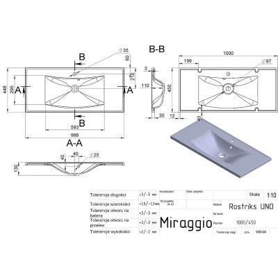 Miraggio Rostriks Uno Mirastone umywalka 100x45 cm prostokątna wpuszczana szary mat  0001507