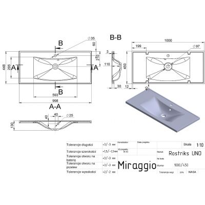 Miraggio Rostriks Uno Mirastone umywalka 100x45 cm prostokątna wpuszczana czarny mat 0001508