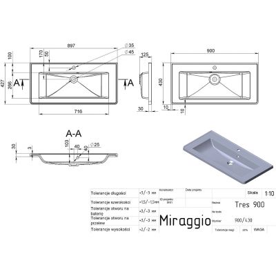 Miraggio Tres Mirastone umywalka 90x43 cm prostokątna ścienna szary mat 0001509