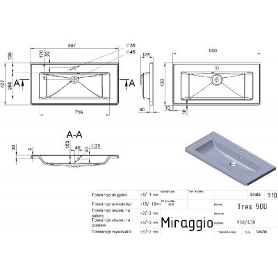 Miraggio Tripoli Miramarble umywalka 90x43 cm prostokątna ścienna biała 0001544