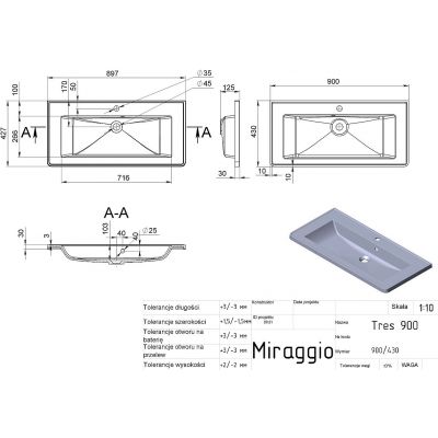Miraggio Tres Mirasoft umywalka 90x43 cm prostokątna ścienna biała 0001584