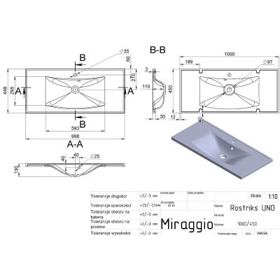 Miraggio Rostriks Uno Mirasoft umywalka 100x45 cm prostokątna wpuszczana biały mat 0001586