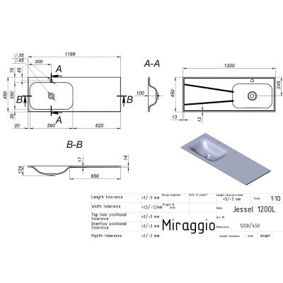 Miraggio Jessel L Mirasoft umywalka 120x45 cm prostokątna wpuszczana biały mat 0001588