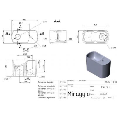 Miraggio Helix L Mirasoft umywalka 45x22 cm prostokątna ścienna biały mat 0001638