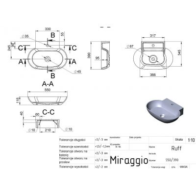 Miraggio Ruff umywalka 53x39 cm owalna ścienna-nablatowa biały połysk 0001882