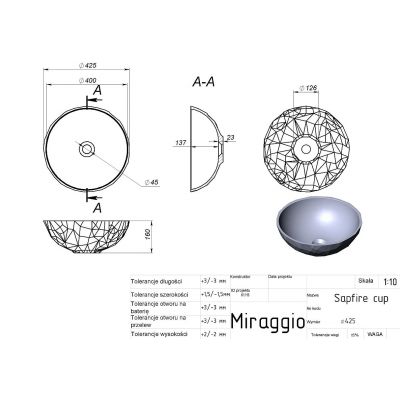 Miraggio Sapfire Matt umywalka 42,5 cm okrągła nablatowa biała 0002255