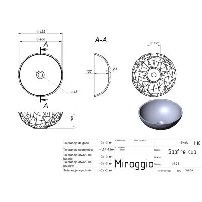 Miraggio Sapfire Mirasoft umywalka 42,5 cm okrągła nablatowa biały mat 0002256