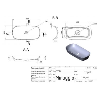 Miraggio Tripoli Mirasoft umywalka 80x40 cm owalna nablatowa biały mat 0002414