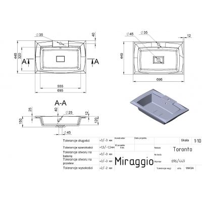 Miraggio Toronto Matt umywalka 69,9x44,9 cm prostokątna ścienna biała 0002415