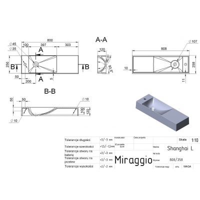 Miraggio Shanghai L Mirasoft umywalka 80,8x25,8 cm prostokątna nablatowa biały mat 0002419