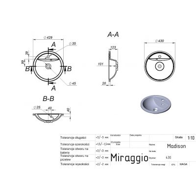 Miraggio Madison Matt umywalka 43 cm okrągła wpuszczana biały mat 0002431