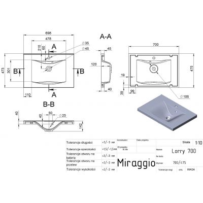 Miraggio Lorry Mirasoft umywalka 70x47,5 cm prostokątna wpuszczana biały mat 0002432