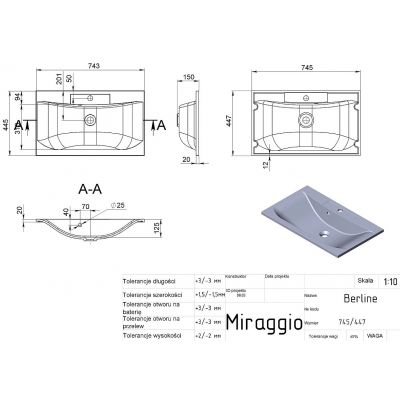 Miraggio Berlin Mirasoft umywalka 74,5x44,7 cm prostokątna wpuszczana biały mat 0002458