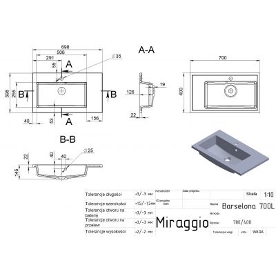 Miraggio Barcelona L Mirasoft umywalka 70x40 cm prostokątna wpuszczana biały mat 0002459