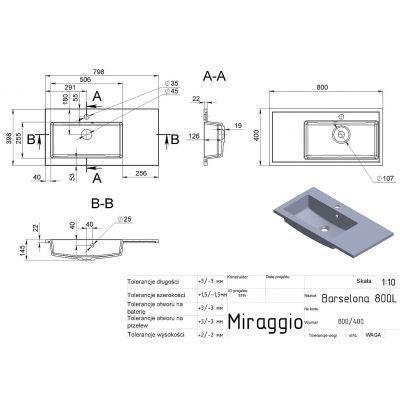 Miraggio Barcelona L Mirasoft umywalka 80x40 cm prostokątna wpuszczana biały mat 0002461