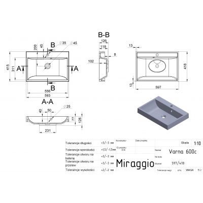 Miraggio Varna Mirastone umywalka 69,4x41,6 cm prostokątna ścienna czarny mat 0002614