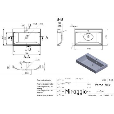 Miraggio Varna umywalka 69,4x41,6 cm prostokątna ścienna czarny mat 0002616
