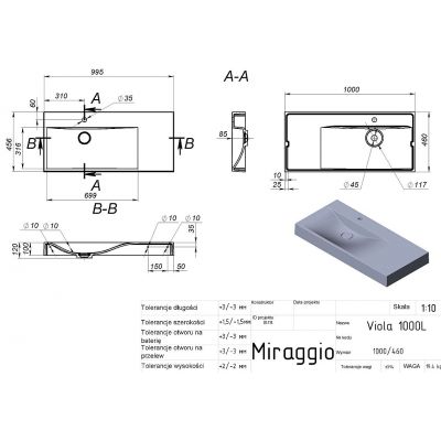 Miraggio Viola Miramarble umywalka 100x46 cm prostokątna ścienna biały mat 0002659