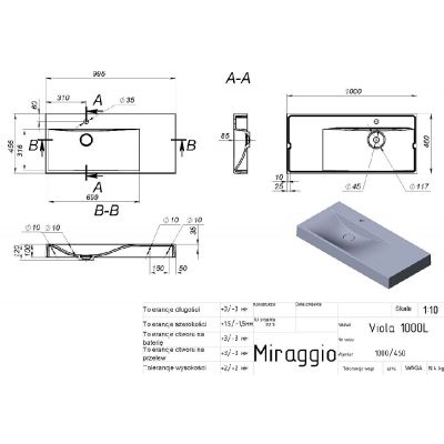 Miraggio Viola Mirasoft umywalka 100x46 cm prostokątna ścienna biały mat 0002665