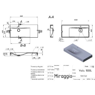 Miraggio Viola Mirastone umywalka 100x46 cm prostokątna ścienna szary mat  0002667