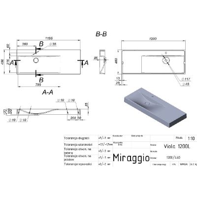 Miraggio Viola umywalka 120x46 cm prostokątna ścienna biały mat 0002668