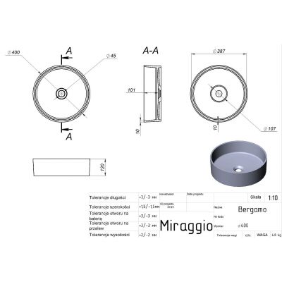 Miraggio Bergamo Mirasoft umywalka 40 cm okrągła nablatowa biały mat 0002675