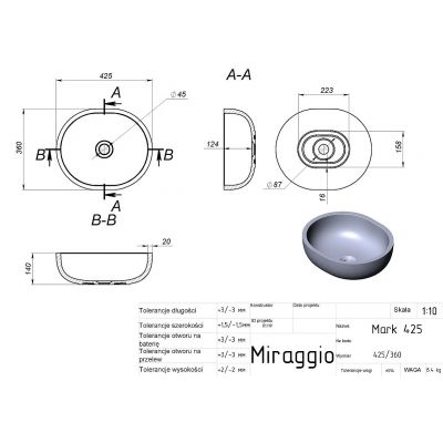 Miraggio Mark 425 Matt umywalka 42,5x36 cm owalna nablatowa biały mat 0002683