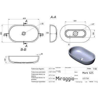 Miraggio Mark 625 Matt umywalka 62,5x36 cm owalna nablatowa biały mat 0002688