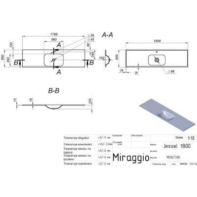 Miraggio Jessel Mirasoft umywalka 180x50 cm prostokątna wpuszczana biały mat 0002703