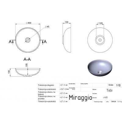 Miraggio Tobi Matt umywalka 40x40 cm okrągła nablatowa biała 0002708