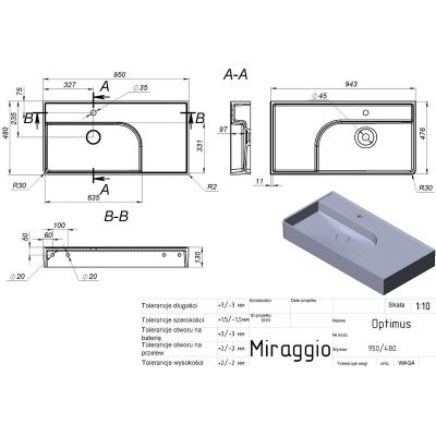 Miraggio Optimus Matt umywalka 95x48 cm prostokątna ścienna-nablatowa biały mat 0001881