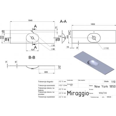 Miraggio New York 1850 Mirasoft umywalka 185x55 cm prostokątna nablatowa biały mat 69125565