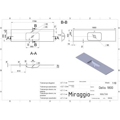 Miraggio Della umywalka 180x50 cm prostokątna biała 69125566