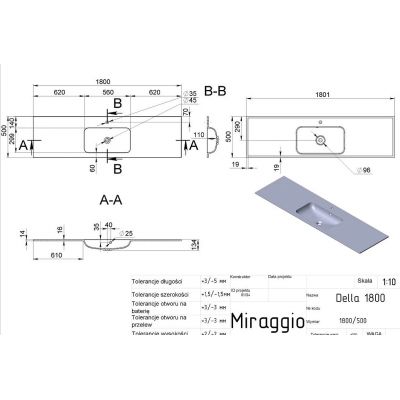 Miraggio Della Matt umywalka 180x50 cm prostokątna wpuszczana biały mat 69125567