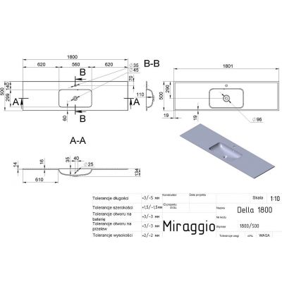 Miraggio Della Mirasoft umywalka 180x50 cm prostokątna wpuszczana biały mat 69125568