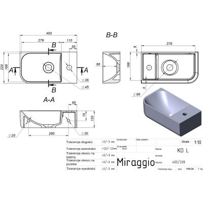 Miraggio Ko L Mirasoft umywalka 40x22 cm prostokątna ścienna biały mat 69125609