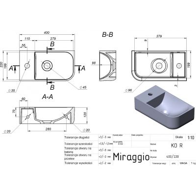 Miraggio Ko R Mirasoft umywalka 40x22 cm prostokątna ścienna biała 69125612