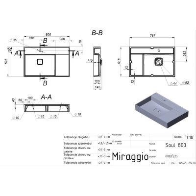 Miraggio Soul Matt umywalka 80x52,5 cm prostokątna ścienna biały mat 8813307