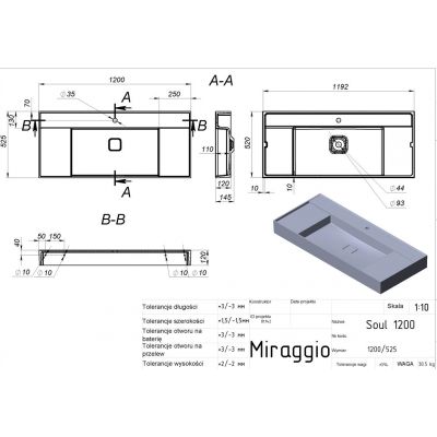 Miraggio Soul Mirasoft umywalka 120x52,5 cm prostokątna ścienna biały mat 8813398
