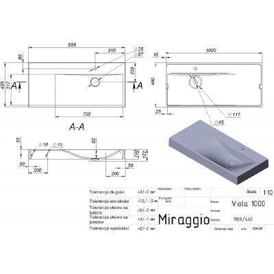 Miraggio Viola umywalka 100x46 cm prostokątna ścienna biały połysk 8813427