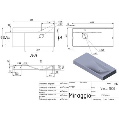 Miraggio Viola Miraggio umywalka 100x46 cm prostokątna ścienna biała 8813428