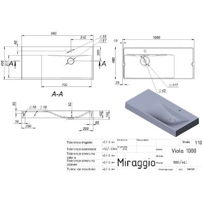 Miraggio Viola umywalka 100x46 cm prostokątna ścienna biały mat 8813429