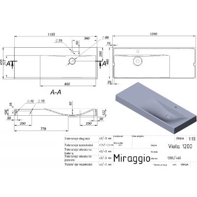 Miraggio Viola umywalka 120x46 cm prostokątna ścienna biała 8813435