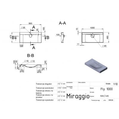 Miraggio Fly Mirastone umywalka 100x48 cm prostokątna nablatowa czarny mat 8813463