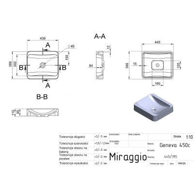 Miraggio Geneva Mirastone umywalka 43,9x38,9 cm prostokątna nablatowa czarny mat 8813464