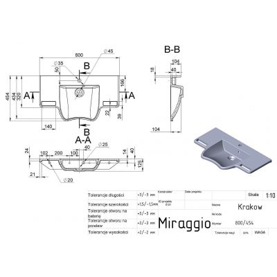 Miraggio Krakow Mirastone umywalka 80x45,4 cm ścienna dla niepełnosprawnych czarny mat 8813470