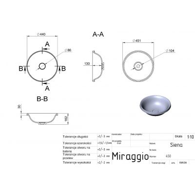 Miraggio Siena Mirastone umywalka 45,1x45,1 cm okrągła wpuszczana czarny mat 8813475